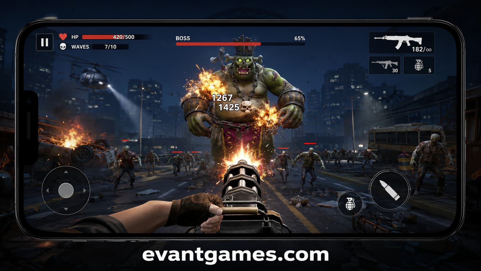 Zombie Waves Adventure shooting gameplay screenshot with crowded enemies