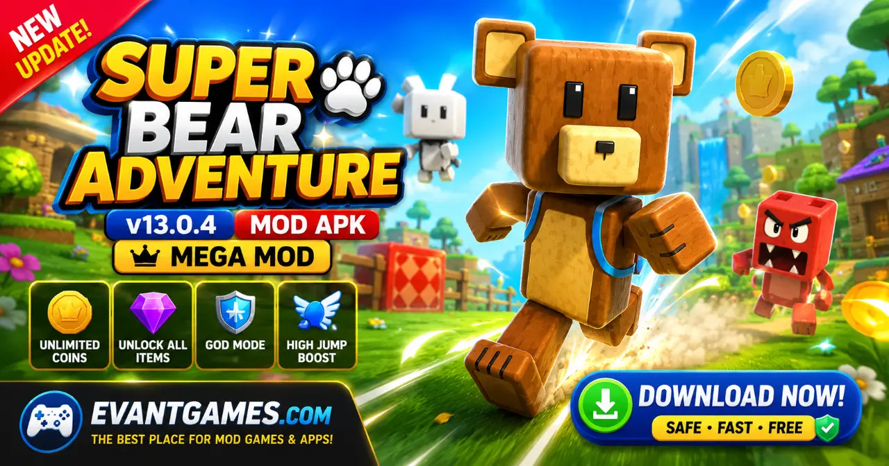 Super Bear Adventure MOD APK gameplay screenshot showing unlocked premium content